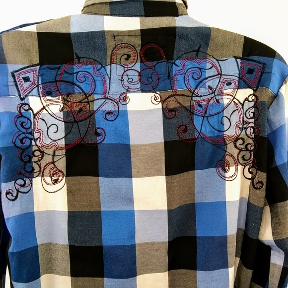 El General Plaid Western Blue Long Sleeve Shirt Button Up Embroidered Med - Picture 4 of 6
